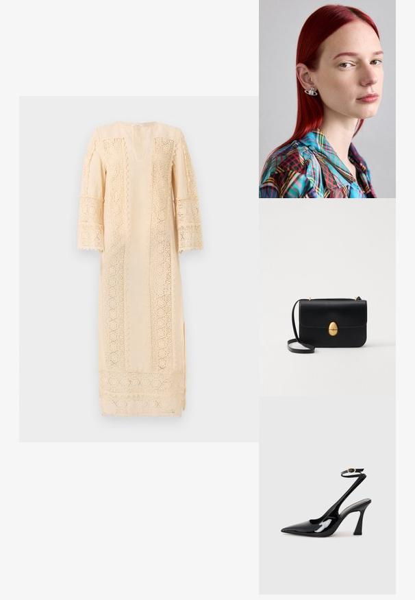 Jasno beżowa sukienka z misternymi koronkowymi detalami przy rękawach i bokach, luźny krój i subtelny dekolt w kształcie litery V.; Czarne lakierowane szpilki slingback na wysokim obcasie z wydłużonym noskiem, regulowanym paskiem na kostce i umiarkowanym obcasem w kształcie bloku. Gładka struktura z błyszczącym wykończeniem.; Czarna skórzana torba na ramię o strukturalnym prostokątnym kształcie. Posiada złoty owalny zamek i cienki pasek na ramię. Gładka faktura.; Srebrne kolczyki w kształcie Saturna, z misternymi detalami. Nosząca ma długie czerwone włosy i nosi kolorową koszulę w kratkę.