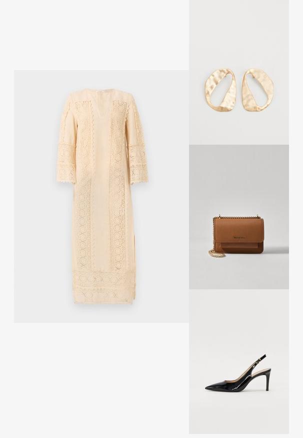 Light beige dress featuring intricate lace detailing along the sleeves and sides, with a relaxed fit and a subtle V-neckline.; Black patent leather slingback pump with pointed toe, slim heel, and a subtle cutout design. Features a gold buckle on the strap.; Brown textured leather crossbody bag with gold chain strap and flap closure. Front features logo detail and a pocket under the flap.; Pair of irregular oval-shaped gold-toned metal earrings with a textured, slightly hammered surface on a white background.