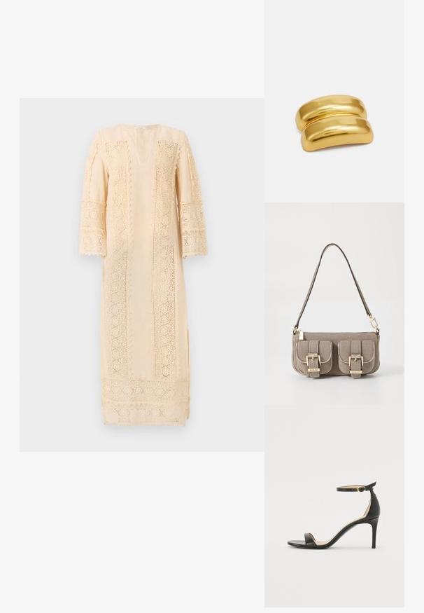 Svetlosivá béžová šaty s jemným čipkovým zdobením pozdĺž rukávov a strán, s voľným strihom a jemným výstrihom do V.; Čierne kožené sandále na vysokom podpätku s popruhom okolo členka. Vlastnosti hladkého povrchu, otvorenej špičky a tenkého podpätku. Detail zlatého spony.; Bežová taška s textúrou a nastaviteľným popruhom, dve predné vrecká zabezpečené prackami a zlaté kovové prvky. Zips na vrchu.; Zlatá kovová sponka do vlasov s hladkým, zaobleným dizajnom. Povrch je reflexný a má spojený, zakrivený tvar bez ďalších ozdôb.
