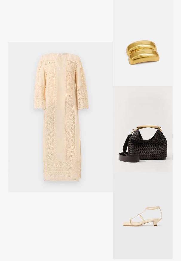 Licht beige jurk met ingewikkelde kantdetails langs de mouwen en zijkanten, met een ontspannen pasvorm en een subtiele V-hals.; Beige haksandalen met een T-veterontwerp, vierkante neus, verstelbare enkelsluiting en een lage blokhak. Gemaakt van glad leer.; Elleme BOOMERANG WOVEN - Handtas - brown; Gouden metalen haarspeld met een glad, rond ontwerp. Het oppervlak is reflecterend en heeft een samengevoegde, gebogen vorm zonder extra versieringen.