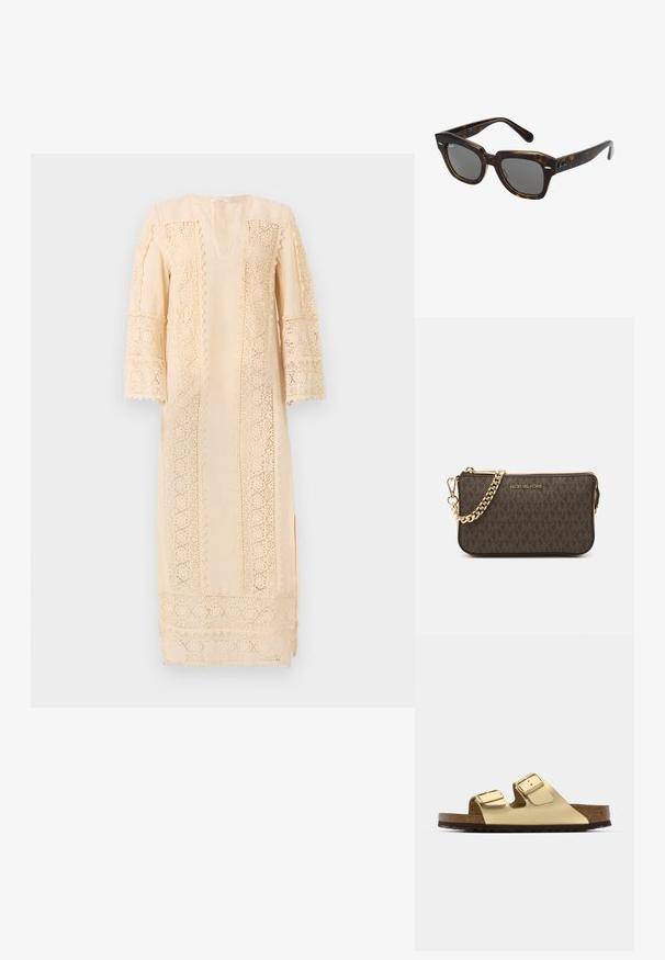 Gaiši bēšs kleita ar sarežģītu mežģīņu apdari pa piedurknēm un sāniem, ar brīvu piegriezumu un maigu V-veida kakla izgriezumu.; Zelta vegāna ādas sandales ar divām regulējamām siksnām, korķa zolīti un tumšu gumijas zoli. Gluda tekstūra ar metalizētu apdari.; Taisnstūra formas saulesbrilles ar bruņurupuča (tortijas) plastmasas rāmi, tumšiem stikliem un sudraba akcentiem sānos. Ražotas Itālijā.; Brūna ādas plecu soma ar logo rakstu, zelta ķēdes siksniņu, rāvējslēdzēja aizdari un zelta aparatūras akcentiem. Kompakta un taisnstūra forma.