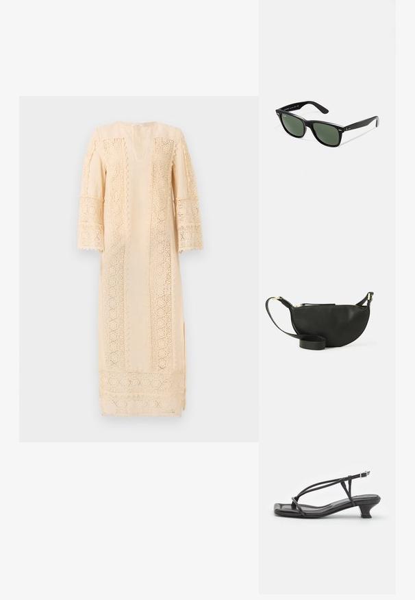 Hellbeiges Kleid mit filigranen Spitzendetails an den Ärmeln und Seiten, in lockerer Passform und mit einem dezenten V-Ausschnitt.; Schwarze Leder-Sandale mit dünnen Riemen, niedrigem Blockabsatz und quadratischer Spitze. Sie verfügt über einen Schnallenverschluss und eine glatte Textur.; Schwarze Plastiksonnenbrille mit grünen Gläsern, quadratischen Rahmen, silbernem Akzent auf der Augenbraue und strukturierten Bügeln. Angegebene Marke auf dem inneren Bügel.; Schwarze Leder-Umhängetasche in Halbmondform, mit strukturiertem Oberflächen, goldfarbenem Reißverschluss und flachem Trageriemen. Kompakte Ausführung, die für die wichtigsten Dinge geeignet ist.
