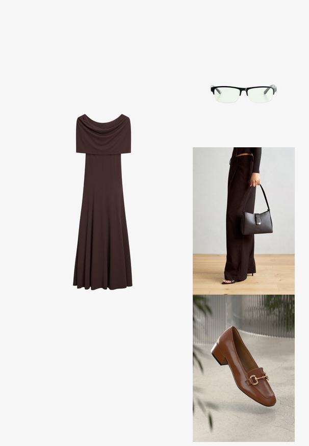 Massimo Dutti LONG STRAPLESS - Etuikleid - dark brown; Braune Lackleder-Loafer mit quadratischer Zehenpartie, metallischem Kettenakzent und niedrigem Blockabsatz; glatte Textur, minimalistisches Design.; Schwarze rechteckige Brille mit klaren Gläsern, ausgestattet mit schlanken schwarzen Rahmen und grauen transparenten Bügelspitzen. Minimalistisches Design, keine sichtbare Markenkennzeichnung.; Schwarze Handtasche mit strukturierter Form, glatter Textur und einem metallischen Verschluss. Kombiniert mit weiten schwarzen Hosen und offenen Sandalen auf einem Holzboden.