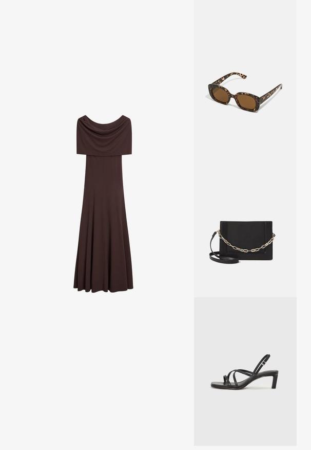 Massimo Dutti LONG STRAPLESS - Etuikleid - dark brown; Schwarze Sandale mit Riemchen, quadratischer Zehenform und niedrigem Blockabsatz. Verfügt über mehrere dünne Riemen und einen verstellbaren Knöchelriemen. Hergestellt aus glattem Leder.; Schildpatt-Sonnenbrille mit einem runden, klobigen Rahmen und braunen Gläsern. Verfügt über dezente Muster und gerade, zulaufende Bügel.; Schwarze Leder-Crossbody-Tasche mit glatter Textur, rechteckiger Form und metallic-kettendetail auf der Vorderseite. Verstellbarer Gurt inklusive.