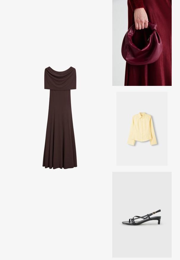 Massimo Dutti LONG STRAPLESS - Pouzdrové šaty - dark brown; Žlutá pruhovaná košile s dlouhými rukávy, špičatým límečkem a předním zapínáním na knoflíky. Má vertikální modré pruhy a přizpůsobený střih.; Černé sandály s otevřenou špičkou a křížovými popruhy, s úzkým podpatkem a nastavitelnou sponou na kotníku. Vyrobené z hladkého syntetického materiálu.; Burgundská kožená kabelka s měkkým, nabíraným designem a zaobleným tvarem. Ucho je zajištěné a vykazuje hladkou texturu.