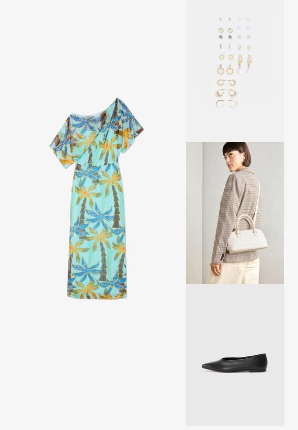 Dlouhá, lehká šaty vyrobené z jemné tkaniny, v tyrkysové barvě s živým vzorem palmových stromů a květin. Obsahují krátké rukávy.; Černé kožené baleríny, špičatá špička, minimalistický design, hladký povrch, nízký podpatek, žádné viditelné kovové prvky nebo ozdoby.; Bílá strukturovaná kabelka s krátkými uchy a ramenním popruhem, zdobená zlatými kovovými prvky a texturovaným materiálem, vystavená na šedém pozadí.; Sada náušnic ve zlatém tónu s různými designy, včetně pecek, kruhů a visacích kousků s perlami a rhinestony.