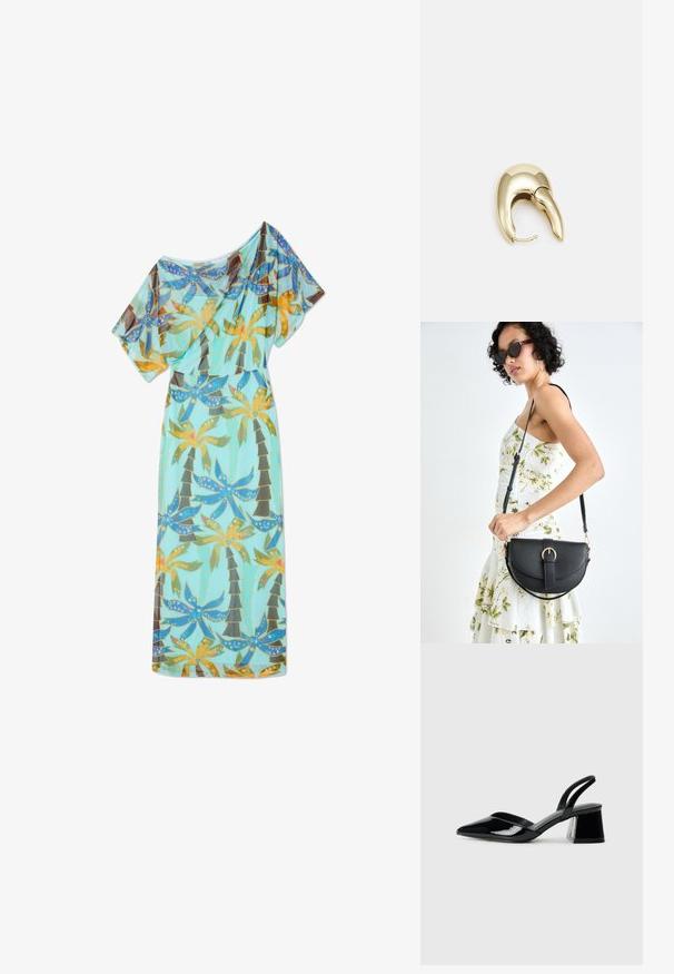 Duga, lepršava haljina od laganog materijala, u tirkiznoj boji s živopisnim uzorkom palminih drveća i cvijeća. Ima kratke rukave.; Crne lakirane kožne sandale s otvorenom petom i špicastim vrhom, s geometrijskom blok petom. Imaju elegantan, minimalistički dizajn i glatku teksturu.; Crna kožna torba s lukovitim oblikom, odvojivim remenom i zlatnim detaljima. Torba ima preklop s kopčom.; Zlatne metalne naušnice s elegantnim, zakrivljenim dizajnom. Imaju karakterističan šiljast oblik, poliranu površinu i zatvaranje na šarku.
