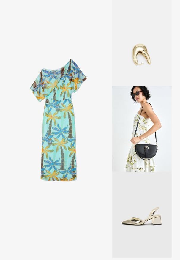 Lang, flytende kjole laget av lett materiale, med en turkise farge og et livlig mønster av palmer og blomster. Har korte ermer.; Gull, metallisk slingback-hæler med spiss tå og chunky hæl. Glatt tekstur, minimalistisk design og en smal stropp.; Svart lærveske med en buet form, avtagbar stropp og gullbeslag. Vesken har et klaff med spenne-detall.; Gullfarget metalløredobber med et elegant, buet design. Har en karakteristisk spiss form, polert overflate og hengsel-lukking.