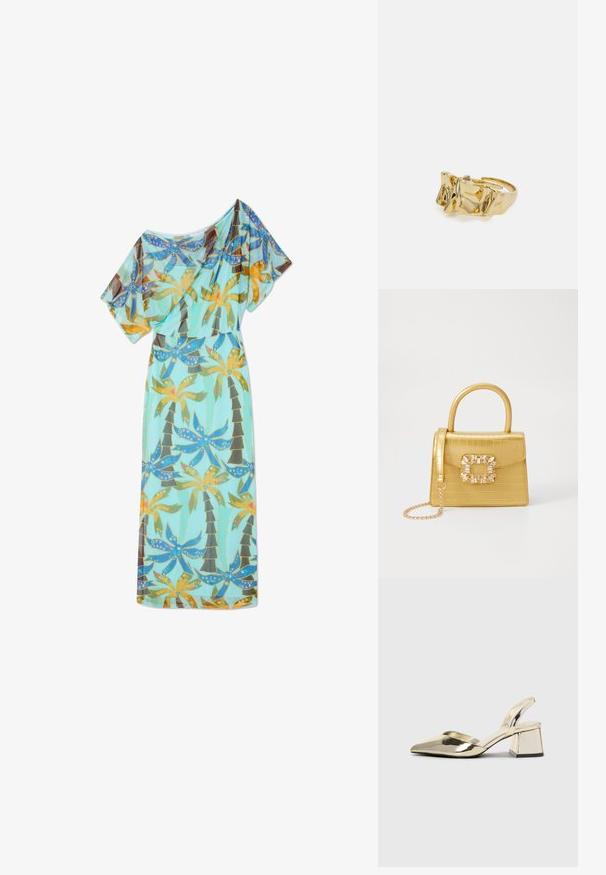 Pikk, voolav kleit kergest kangast, mis on türkiissinise värviga ja millel on elav palmipuu ning lille muster. Kleepsud lühikesed varrukad.; Kuldne, metallilised slingback-kudumid terava varba ja paksu kontsaga. Sile tekstuur, minimalistlik disain ja kitsas rihm.; Kollane faux-krokodilli käsipindaga kott, millel on struktureeritud disain, ülemine käepide, eemaldatav kettmass ja dekoratiivne kristallkaunistus klambril.; Kuldne sõrmus tekstureeritud, lainelise disainiga, millel on kolm silmapaistvat tippu. Sile, läikiv pind ja avatud riba, mis võimaldab reguleeritavat sobivust.