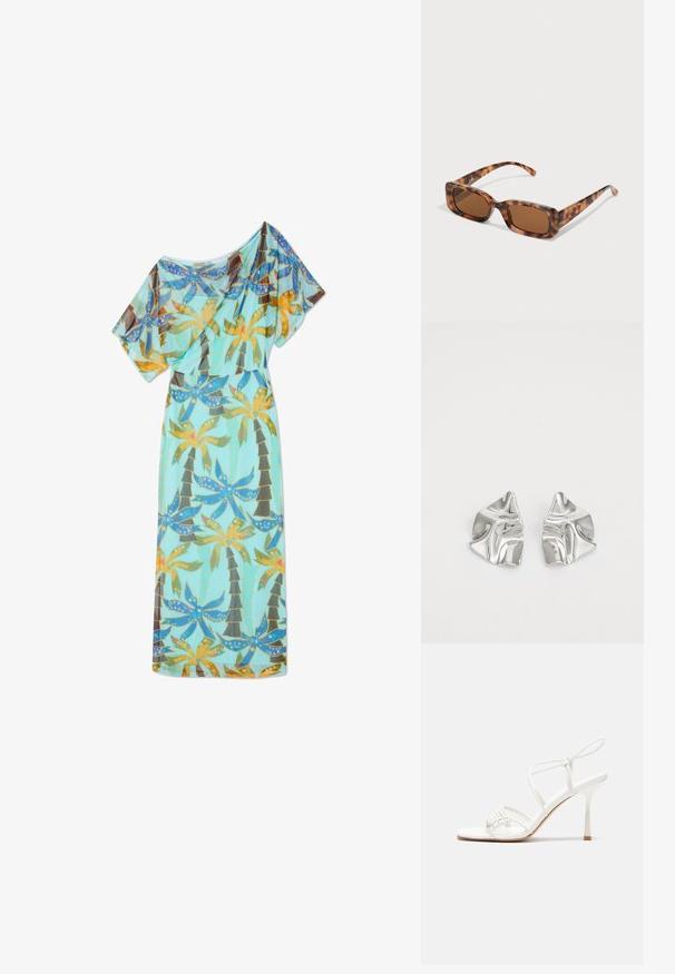 Dlouhá, lehká šaty vyrobené z jemné tkaniny, v tyrkysové barvě s živým vzorem palmových stromů a květin. Obsahují krátké rukávy.; Bílé sandály na vysokém podpatku s tenkým páskem kolem kotníku, plochou špičkou, texturovaným předním dílem s nařasenými detaily.; Kočičí brýle se želvovinovým vzorem, obdélníkové hnědé čočky, silný rám a úzké nožičky s různými odstíny hnědé.; Stříbrné kovové náušnice s vlnitým, sochařským designem s leštěným povrchem a nepravidelnými tvary, které zdůrazňují moderní estetiku.