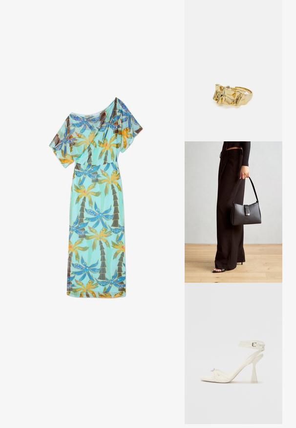 Lång, flödig klänning i lätt material, med en turkos färg och ett livfullt mönster av palmträd och blommor. Inkluderar korta ärmar.; Remmar högklackad sandal i vitt läder med en elegant design, en genomskinlig blockklack och en dekorativ detalj vid tån.; Svart handväska med strukturerad form, slät yta och metallspänne. Matchad med vida svarta byxor och sandaler med öppen tå på trägolv.; Guldring med texturerad, vågig design som har tre framträdande toppar. Slät, glänsande yta med en öppen band för justerbar passform.