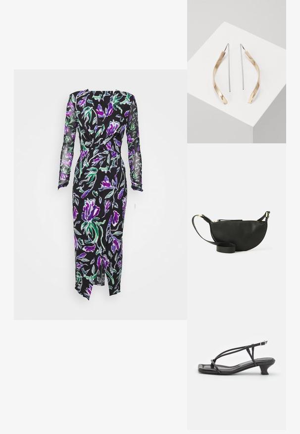 Diane von Furstenberg VIVIANNE DRESS - Rochie de zi - black/multicoloured; Sandale negre din piele cu curele subțiri, toc mic pătrat și vârf pătrat. Prezintă o închidere cu cataramă și o textură netedă.; Geantă crossbody din piele neagră, cu formă de jumătate de lună, suprafață texturată, fermoar auriu și curea plată. Design compact, potrivit pentru obiectele esențiale.; Cercei din aur și argint, cu o formă curbată și alungită. Finisaj lucios, cu o textură netedă și un design minimalist.