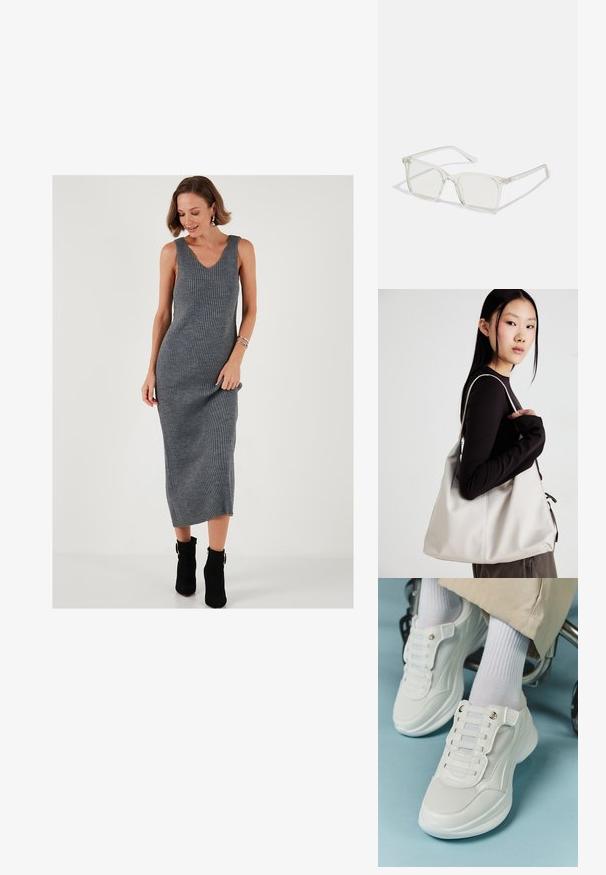 Pelēks ribots adījuma midi kleita ar V veida kakla izgriezumu, bez piedurknēm un pieguļošu siluetu, saskaņota ar potīšu zābakiem. Gluda teksturēta auduma.; Baltie sporta apavi ar sietu materiālu, gumijas zoli, bez šņoru dizainu ar elastīgām beigām un zeltainiem akcentiem.; Caursplūstošas kvadrātveida brillēs ar caurspīdīgiem lēcām, ar zelta akcentiem uz tempļiem, lai pievienotu detaļas.; Bežs rokassoma, izgatavota no mīksta materiāla, ar brīvu dizainu, izšūtu apdari un divām plecu siksnām. Piemērota ikdienas lietošanai.