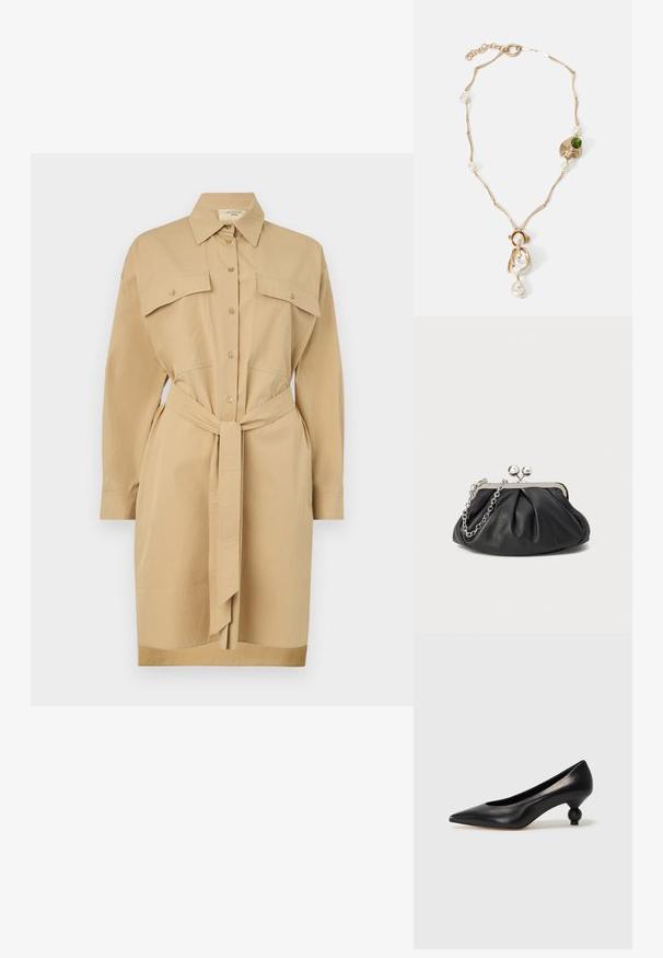 Robe chemise kaki avec un col, des manches longues, un devant à boutons, deux poches poitrine et une ceinture à nouer à la taille. Texture de tissu lisse.; Chaussure à talon haut en cuir noir avec un bout pointu et un talon arrondi. Texture lisse avec un design épuré et minimal.; Porte-monnaie en cuir noir avec texture froncée, cadre en métal argenté, fermeture à verrouillage kiss-lock et bandoulière en chaîne. Surface lisse et douce.; Collier doré avec des maillons torsadés, perles blanches et une pierre verte en accent. Présente des détails raffinés et un fermoir pour la fermeture.