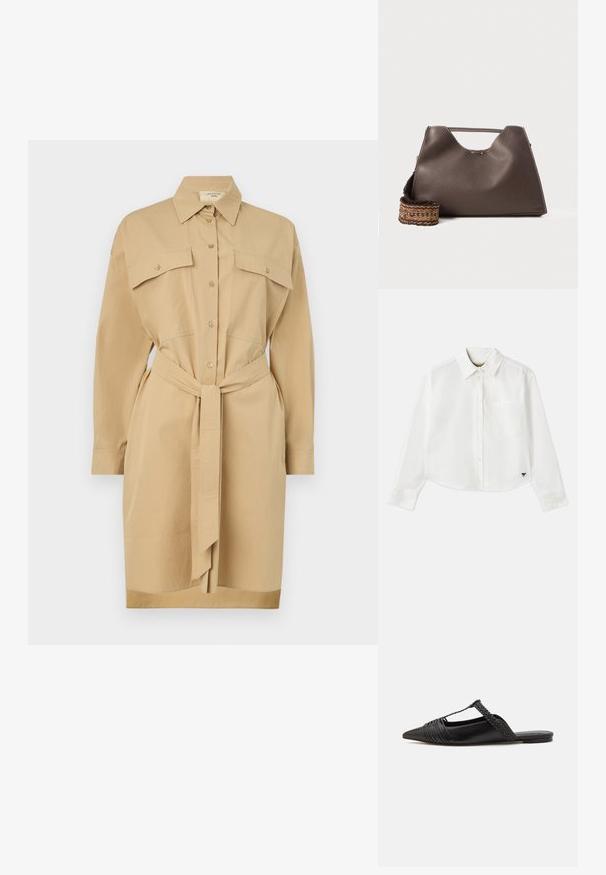 Khaki haljina košulja s ovratnikom, dugim rukavima, dugmadi sprijeda, dva džepa na prsima i remenom za vezanje u struku. Glatka tekstura tkanine.; Bijela skraćena košulja dugih rukava napravljena od pamuka. Ima gumb za zatvaranje sprijeda, džep na prsima i mali crni logotip na donjem lijevom dijelu.; Crne kožne cipele s remenom oko pete i šiljastim vrhom, s pletenim naglaskom i nabranim gornjim dijelom. Ravni đon s minimalnim hardverom.; Smeđa kožna torba s teksturiranom površinom, kutnim dizajnom i prepoznatljivom gornjom ručkom. Ima detalj sa pletenim uzorkom na remenu.