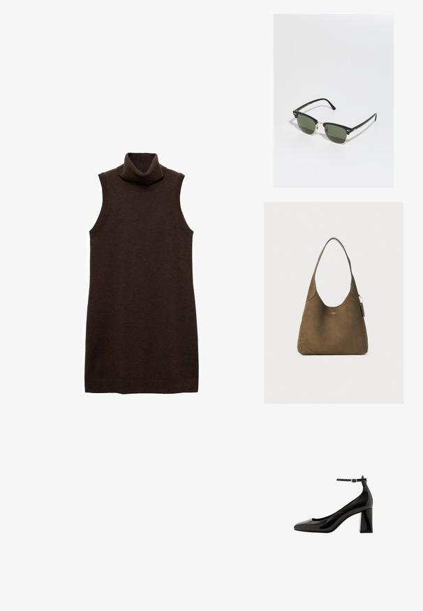 Brown sleeveless turtleneck dress made of soft material, featuring a high collar and a fitted silhouette, with ribbed edges at neck and hem.; Black patent leather ankle strap pump with a glossy finish, pointed toe, and a thick block heel. Smooth texture, minimal detailing.; Black and gold sunglasses with green lenses, featuring a cat-eye shape, metallic accents, and a textured frame.; Brown suede shoulder bag with a curved silhouette, smooth leather handle, and gold-tone hardware detail. Minimalistic design with seamless edges.