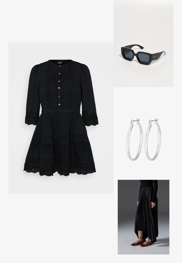 Črna bombažna obleka s polnim krilom, zaobljenim izrezom, sprednjimi gumbi in čipkastimi detajli na rokavih in robu. Ima prilegajoč trup.; Črna nabrana krila z višjim sprednjim in nižjim zadnjim delom, kombinirana z sijočimi rdečimi balerinkami s trakastim dizajnom. Tkanina ima gladko teksturo.; Črne velike sončne očala z geometrijskim dizajnom, pravokotnimi lečami in sijočo površino. Brez vidne blagovne znamke spredaj.; Srebrni obroči za ušesa z gladko, polirano površino. Okrogla oblika in varna zaponka s klikom. Lahka zasnova, primerna za vsakodnevno nošenje.