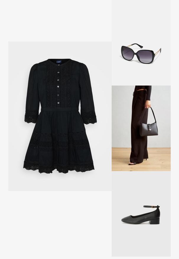 Juodas medvilninis suknelė su pilnu sijonu, apvaliu iškirpimu, priekiniais mygtukais ir nėrinių detalėmis ant rankovių ir apatinio krašto. Suknelė turi prigludusią liemenę.; Juodas odinis aukštakulnis batelis su smailiu pirštu ir žemu bloku. Su kulkšnies dirželiu su auksinės spalvos sagtimi. Lygus paviršius.; Juodos didelės saulės akinių su pereinamais objektyvais, storomis rėmeliais ir auksinės spalvos grandinėmis ant šventyklų.; Juodas rankinė struktūrizuota forma, lygi tekstūra ir metalinis užsegimas. Suporuota su plačiomis juodomis kelnėmis ir atvirais bateliais ant medinių grindų.