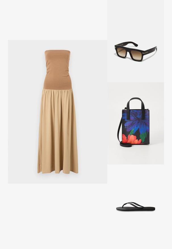 Robe maxi sans bretelles avec un haut ajusté marron et une jupe kaki fluide. Fabriquée dans un tissu doux avec une taille froncée.; Tongs noires avec une semelle en caoutchouc texturée, deux fines lanières et un détail de logo embossé subtil sur la lanière.; Lunettes de soleil en écaille de tortue avec une monture carrée, des verres bruns dégradés et de subtile accents dorés sur les branches.; Sac fourre-tout noir avec un motif floral en bleu, rouge et vert. Doté de deux courtes poignées et d'une bandoulière amovible. Logo embossé à l'avant.