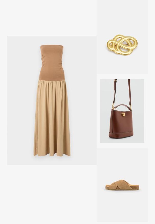 Rochie maxi fără bretele, cu un top ajustat de culoare maro și o fustă fluidă de culoare khaki. Realizată dintr-un material moale, cu o talie strânsă.; Sandale din suede cu barete încrucișate, de culoare maro deschis, cu talpă înfășurată în plută și bază din cauciuc texturat, având un design plat și o potrivire largă.; Geantă în formă de găleată din piele ecologică maro, cu o formă structurată, accente aurii, un mâner superior și o curea de umăr ajustabilă. Textură netedă, fără modele vizibile.; Broșă de culoare aurie cu un design împletit, având linii netede și curbe și o formă complexă, ce reflectă un finisaj lucios.