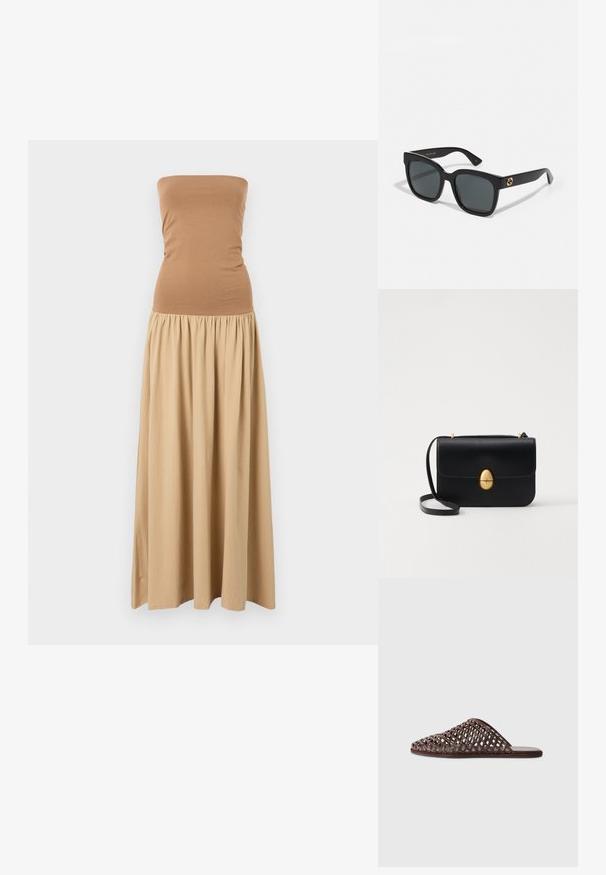 Strapless maxi dress with a fitted brown top and a flowing khaki skirt. Made of soft fabric with a gathered waistline.; Brown woven slide sandal with a rounded toe, open design, flat sole, and textured surface. Lightweight material and minimalist silhouette.; Black sunglasses with rectangular lenses, featuring a glossy finish and gold logo accents on the temples. Dark grey lenses provide UV protection.; Black leather handbag with a structured rectangular shape. Features a golden oval clasp and a thin shoulder strap. Smooth texture.
