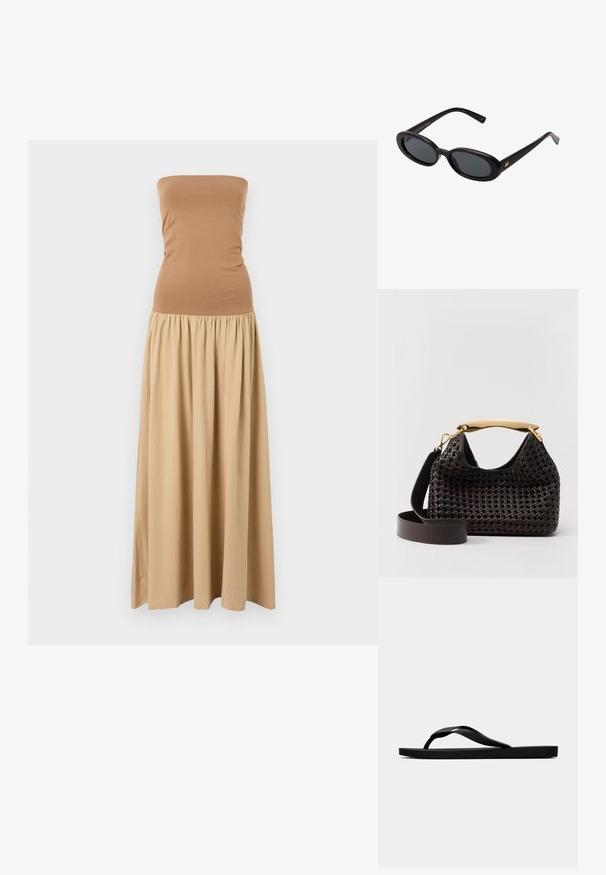 Bezramenné maxi šaty s priliehavým hnedým vrchom a splývavou khaki sukňou. Vyrobené z jemného materiálu s nariadeným pásom.; Čierne gumené žabky s textúrovaným popruhom a jednoduchou plochou podrážkou, zobrazené z boku na jednofarebnom svetlom pozadí.; Čierne oversized slnečné okuliare s oválnymi šošovkami, hladkým plastovým rámom a zlatými akcentmi na straniciach. Tmavé šošovky poskytujú ochranu pred slnkom.; Elleme BOOMERANG WOVEN - Kabelka - brown
