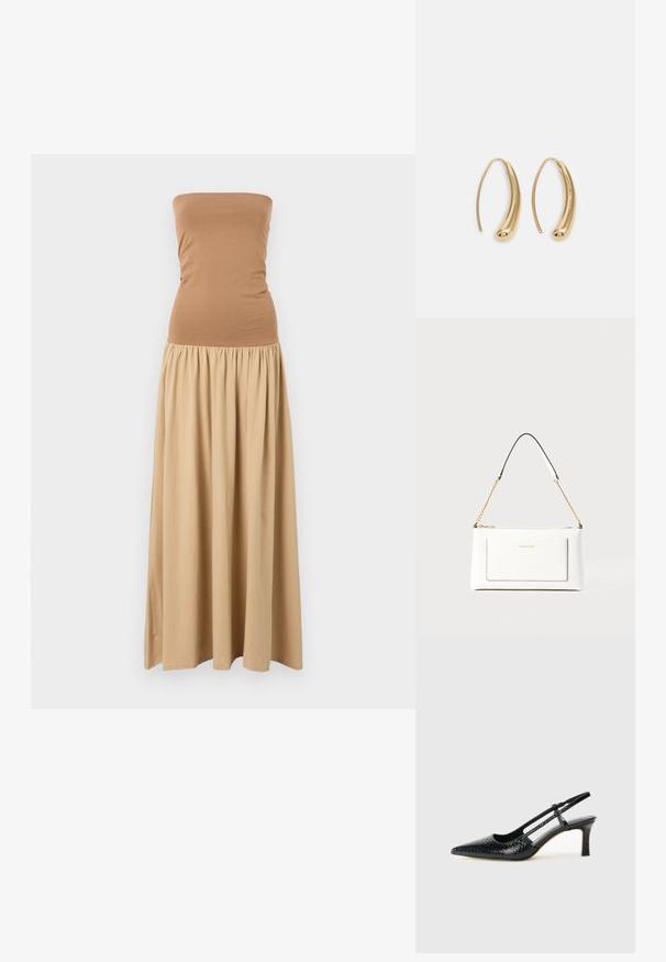 Bezplecu maksi kleita ar pieguļošu brūnu augšu un plūstošu khaki svārku. Izgatavota no mīksta auduma ar savilktu jostas vietu.; Melna patent āda ar slīdošo papēdi un smailo purngalu, ar teksturētu čūsku drukājumu, regulējamu siksniņu un īsu teksturētu blokpapēdi.; Baltā ādas rokassomu ar teksturētu apdari, ar zelta ķēdes siksnu un melniem akcentiem. Iekļauj priekšējo kabatu un aizdari ar rāvējslēdzēju.; Zelta toņu metāla gredzena auskari ar izliektu, pagarinātu formu. Ar gludu, spīdīgu virsma un noapaļotu galu papildu detaļām.