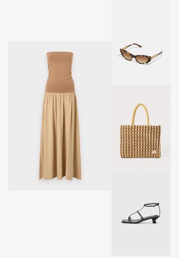 Pánt nélküli maxi ruha, testhez simuló barna felsőrésszel és lágyan hullámzó khaki szoknyával. Puha anyagból készült, behúzott derekú.; Fekete bőr szandál, négyzet alakú orral, vékony pántokkal, állítható bokapánttal és alacsony sarokkal. A pánton egy kis arany dísz található.; Kétszínű, macskaszem alakú napszemüveg, barna gradient lencsékkel és aranyszínű részletekkel a szárakon.; Barna és sárga színű, téglalap alakú, két füles táska, textúrált felülettel, látható varrásokkal és márkacímkével.