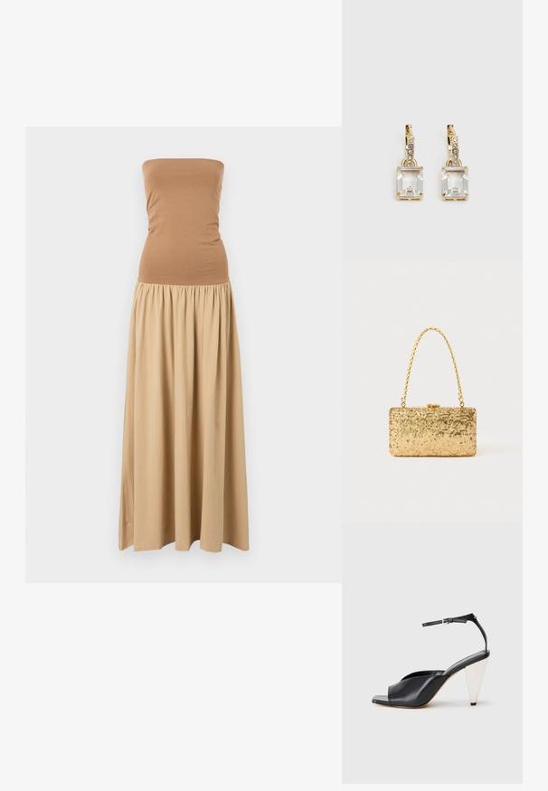Strapless maxi-kjole med et tettsittende brunt overdel og en flytende khaki skjørt. Laget av myk stoff med en rynket midje.; Svart lær høyhælte sandaler med åpen tå, asymmetrisk design, ankelstropp og en metallisk kjegleformet hæl. Glatt tekstur hele veien.; Gullfarget paljetter clutch med rektangulær form, utstyrt med en tvunnet kjedehåndtak og en metallspenne, som reflekterer lys med en teksturert overflate.; Gullfargede øreringer med en rektangulær, klar krystall som henger under en rad av små, runde klare akenter. Elegante, moderne design.