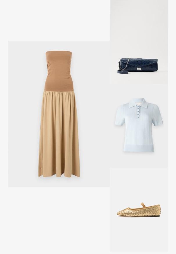 Kappamattomat maxi-mekko, jossa on tiukka ruskea yläosa ja virtaava khaki-hame. Valmistettu pehmeästä kankaasta, jossa on kerätty vyötärölinja.; Vaalea sininen lyhythihainen polo-paita, jossa on ribbikuviointi, litteä kaulus ja etupaneeli, jossa on kuusi samansävyistä nappia.; Loeffler Randall LEONIE SOFT BALLET FLAT - Ballerinat nilkkaremmillä - gold; Navy sininen nahkakukkarokotelo, jossa on krokotiilinumero, hopeaketjuolkapanta ja metallilukko. Suorakulmainen muoto taitettavalla designilla.