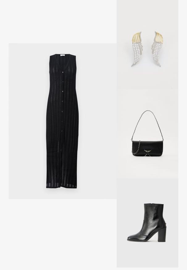 Melna, bez piedurknēm, gara kleita ar V veida dekoltē un pogu aizdari. Izgatavota no teksturēta, atvērtā adījuma materiāla ar taisnu siluetu.; Melnas ādas potīšu zābaki ar gludu tekstūru, smailu purngalu un masīlu augstu papēdi. Iekļauts sānu atvērums un minimālistisks dizains.; Melnas ādas rokassomā ar sudraba ķēdes siksnu, kurai ir dekoratīvi spārnu akcenti un baltā šuvēšana apakšējā šuvē.; Divi auskari, kas veidoti spārnu formā, ar sudraba krāsas metālu, caurspīdīgiem, apaļiem akmeņiem un zelta krāsas metāla akcentiem, slāņainā dizainā.