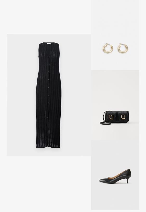 Sort, ærmeløs, lang kjole med V-udskæring og knaplukning. Lavet af et tekstureret, åbent strikket materiale med en lige silhuet.; Sorte læderpumper med spids tå, lav hæl og en glat tekstur. Har en let åbning foran og minimal hardware bagpå.; Sort læder crossbody taske med to frontlommer, guldspænder, lynlåslukning og en slank rem. Struktureret overflade og kompakt rektangulær form.; Lauren Ralph Lauren BASIC SMALL HOOP - Øreringe - gold-coloured