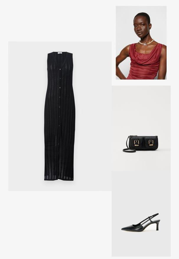 Schwarzes, ärmelloses, langes Kleid mit V-Ausschnitt und Knopfverschluss. Hergestellt aus einem strukturierten, offenen Strickmaterial mit geradem Schnitt.; Schwarze Lack-Slingback-Pumps mit spitzem Zehenbereich, versehen mit strukturiertem Schlangenprint, verstellbarem Riemen und einem kurzen, strukturierten Blockabsatz.; Schwarze Leder-Umhängetasche mit zwei vorderen Taschen, goldenen Schnallen, Reißverschluss und einem schmalen Tragegurt. Texturierte Oberfläche und kompakte rechteckige Form.; Kapuzenschnitt Kleid in tiefroter Farbe mit glatter Textur. Ausgestattet mit einer Perlenkette, die in der Mitte mit einem dekorativen silbernen Akzent versehen ist.