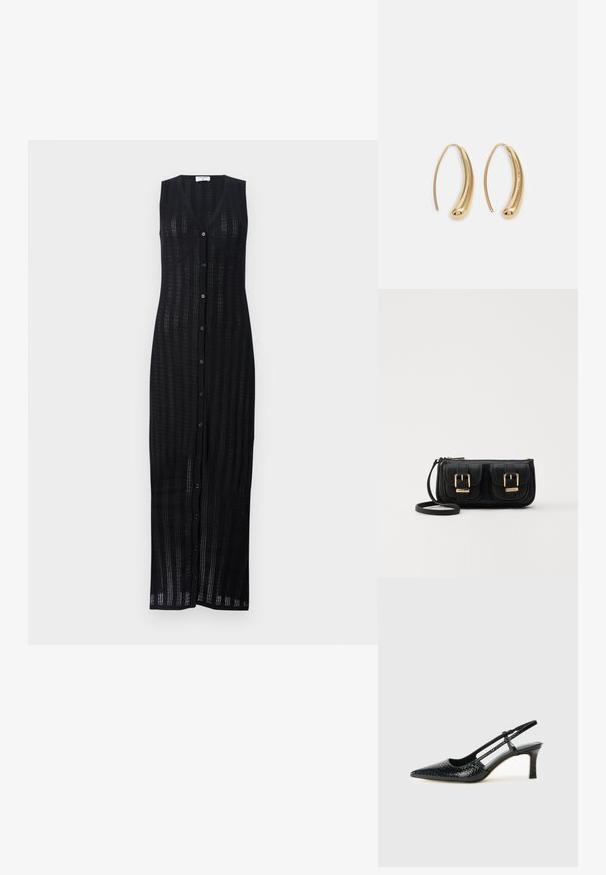 Fekete, ujjatlan, hosszú ruha V-kivágással és gombos záródással. Texturált, nyitott kötésű anyagból készült, egyenes sziluettel.; Fekete lakk slingback sarok, hegyes orral, texturált kígyómintával, állítható pánttal és rövid, texturált tömbsarkal.; Fekete bőr keresztbody táska két elülső zsebbel, arany csattokkal, cipzáras záródással és vékony pánttal. Textúrált felület és kompakt téglalap alak.; Aranyszínű fémből készült karika fülbevalók ívelt, hosszúkás formával. Simaságával és fényes felületével, valamint lekerekített végével további részletekkel bővül.