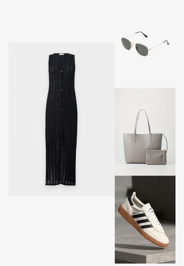 Abito lungo nero senza maniche con scollatura a V e chiusura a bottoni. Realizzato in un materiale a maglia aperta testurizzato con una silhouette dritta.; Sneaker bianca in suede con strisce blu navy, suola in gomma, parte superiore testurizzata, punta rotonda e lacci; presenta un marchio sul lato e sulla linguetta.; Occhiali da sole con montatura in metallo dorato e lenti verde scuro, stile aviator, con aste sottili e dettagli in tartaruga sulle punte.; Borsa tote sintetica grigia con due manici lunghi e una piccola busta con zip coordinata, dotata di un pompon. Texture liscia con un motivo sottile.