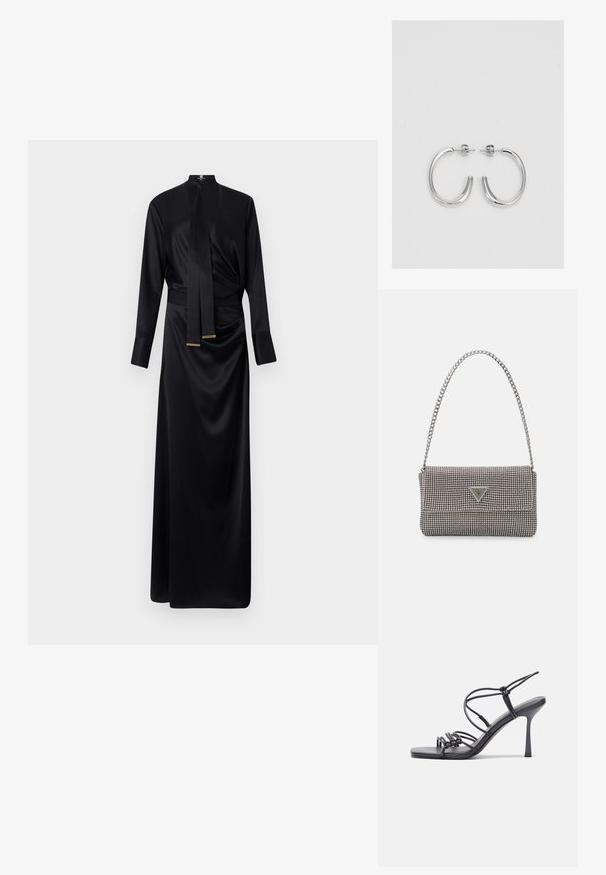 Fekete selymes hosszú ruha hosszú ujjal, magas gallérral és megkötött derékrésszel. Simaság jellemzi, finom arany részletekkel az ujjak végén.; Fekete magas sarkú szandálok vékony pántokkal, csomózott mintával, sima négyzetes orral és karcsú stiletto sarkal rendelkeznek.; Világosszürke fémes kézitáska lánc pánttal, kis kör alakú fém kifinomult díszítéssel és háromszög alakú márkagéppel.; Ezüst karika fülbevalók sima, fényes felülettel. Lekerekített forma, könnyű kialakítással, tűs zárómechanizmussal.