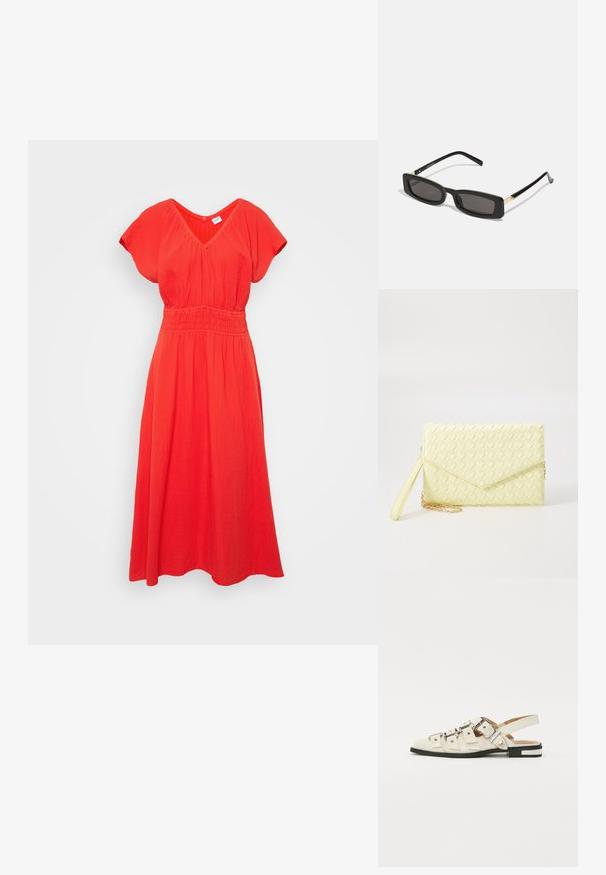 Vestido vermelho, até o joelho, feito de tecido leve. Apresenta um decote em V, mangas curtas, cintura franzida e um corte descontraído.; Sandálias slingback em couro branco com várias tiras largas e fivelas prateadas; sola plana com um pequeno salto preto e detalhes metálicos.; Óculos de sol retangulares pretos com lentes escuras, armações de plástico brilhante e detalhes em dourado nas templetas. Design minimalista e forma elegante.; Bolsa carteira amarela de palha com um design de aba, uma alça de pulso destacável e um destaque em corrente dourada. Textura suave e forma retangular.; Brincos em argola dourados com um acabamento liso e brilhante. Design circular com um pequeno pino e suporte transparente para um uso seguro.