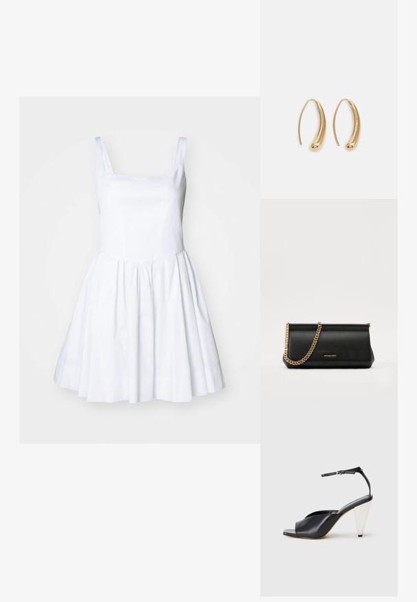 White dress with a square neckline and thin straps. The bodice is fitted, leading to a flared skirt with a smooth texture and no visible patterns.; Black leather high heel sandal with open toe, asymmetrical design, ankle strap, and a metallic cone-shaped heel. Smooth texture throughout.; Black leather clutch bag with a gold chain strap, featuring a smooth texture, rectangular shape, and embossed branding on the front.; Gold-tone metal hoop earrings with a curved, elongated shape. Features a smooth, shiny surface and a rounded tip for added detail.