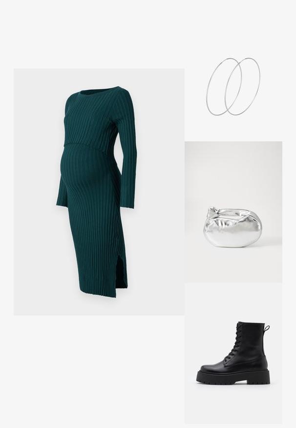 Anna Field MAMA Abito in maglia - dark green; Stivaletti in pelle nera alla caviglia con punta rotonda, lace-up frontale e suola in gomma spessa con battistrada textured. Tassello sul retro.; Borsa a pochette metallica argentea con una forma morbida e arrotondata e chiusura superiore annodata. Realizzata in materiale sintetico morbido.; Orecchini a cerchio in argento con un design minimalista. Forma circolare, superficie liscia e profilo sottile. Leggeri con una finitura lucida.