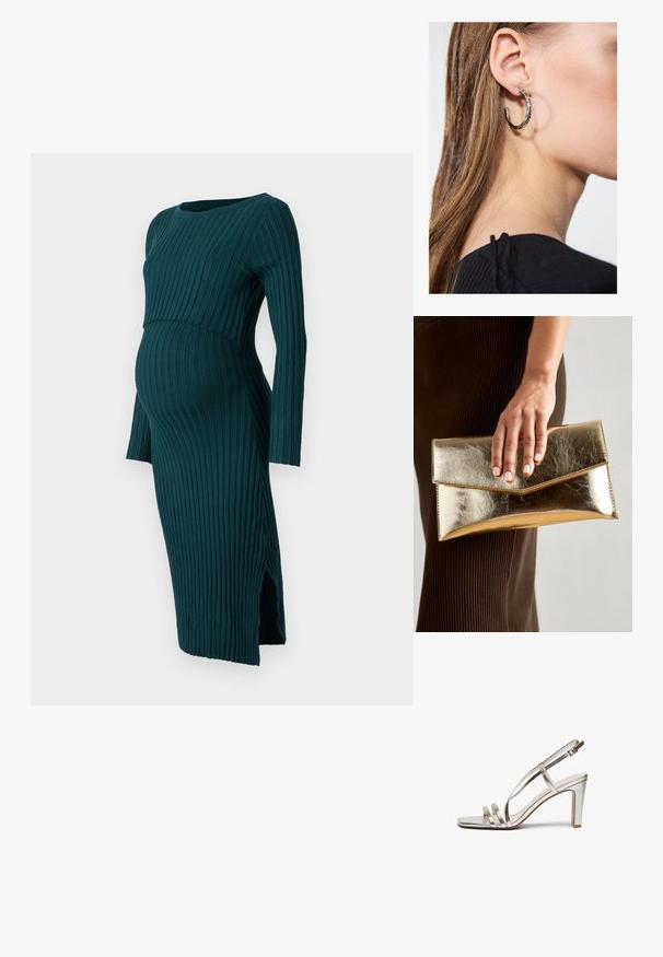 Anna Field MAMA Pulóverruha - dark green; Fémes ezüst színű magassarkú szandál nyitott orral, három vékony pánttal a lábfejen és egy csatfüles bokapánttal.; Arany fémes clutch táska sima textúrával, háromszög alakú csattal. A kéz, amely tartja, szépen manikűrözött körmökkel rendelkezik.; Ez egy ezüst fülbevaló, sima felülettel, amelyen apró arany díszítőelemek találhatók. Kerek formájú és a fülcimpán viselik.