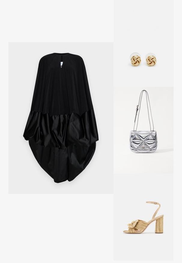 Juodas apsiaustas su apvaliu iškirpimu, raukšlėta medžiaga viršuje ir glotni satino dalis apačioje. Dizainas sukuria plačią siluetą.; Auksinės kulno sandalai su susuktų priekiu, godžių tekstūra ir kulkšnies juosta. Bloko kulnas turi briaunotą dizainą, kuris pagerina sukibimą.; Metalinio sidabro spalvos kryžminė rankinė, turinti geometrinį siuvinėtų raštą, plokščią užsegimą ir reguliuojamą dirželį su sidabro spalvos detalėmis.; Aukso spalvos mazgo auskarai su sukimo dizainu. Kiekvienas auskaras turi apvalų skaidrų pagrindą, užtikrinantį saugų dėvėjimą.