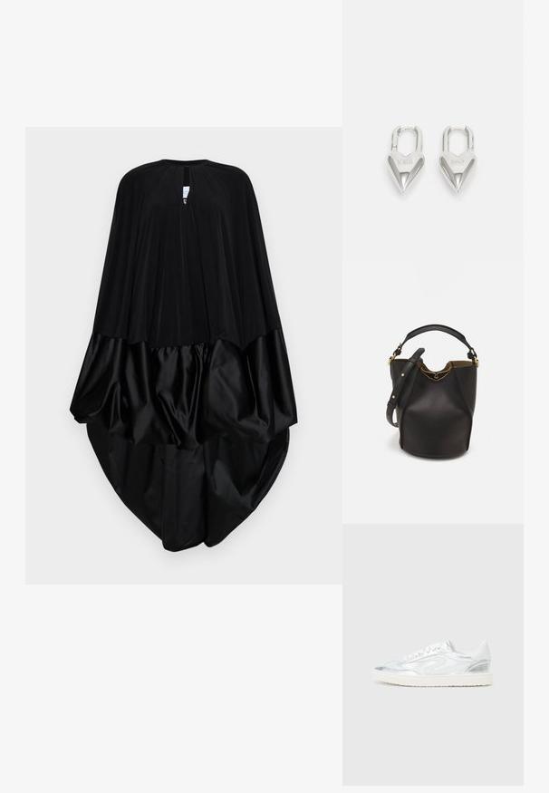 Melnā apmetņa ar apaļu kakla izgriezumu, pleatētām auduma daļām augšpusē un gludu satīna apakšu. Šis dizains veido plūstošu siluetu.; Bāli balti sporta apavi ar metālisku sudraba akcentu, gluda tekstūra, apaļš purngalis, plakana zole un tradicionāls saistīšanas dizains.; Melnas ādas spainīša somas ar teksturētu apdari, zelta metāla aksesuāriem un atvērtu augšu. Piedāvā īsu rokturi un regulējamu plecu siksnu.; Sudraba sirdī formas piekariņi ar iegravētiem "JĀ" un "NĒ" tekstiem, pulēta apdare, simetrisks dizains un izturīgs metāla aizdare.