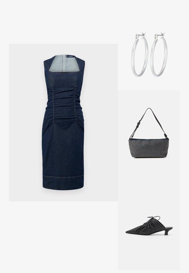 Sportmax AMPEX niebieski; Czarne skórzane mule wsuwane, z ostrym noskiem, marszczoną teksturą i małym obcasem w kształcie kociaka. Posiadają detal ze sznurkiem przy otwarciu.; Granatowa torebka materiałowa z teksturowanym wzorem srebrnych ćwieków, z pojedynczym regulowanym czarnym paskiem i prostokątnym kształtem.; Srebrne kolczyki w formie kółek o gładkim, polerowanym wykończeniu. O okrągłym kształcie i pewnym zapięciu na klik. Lekka konstrukcja odpowiednia do codziennego noszenia.