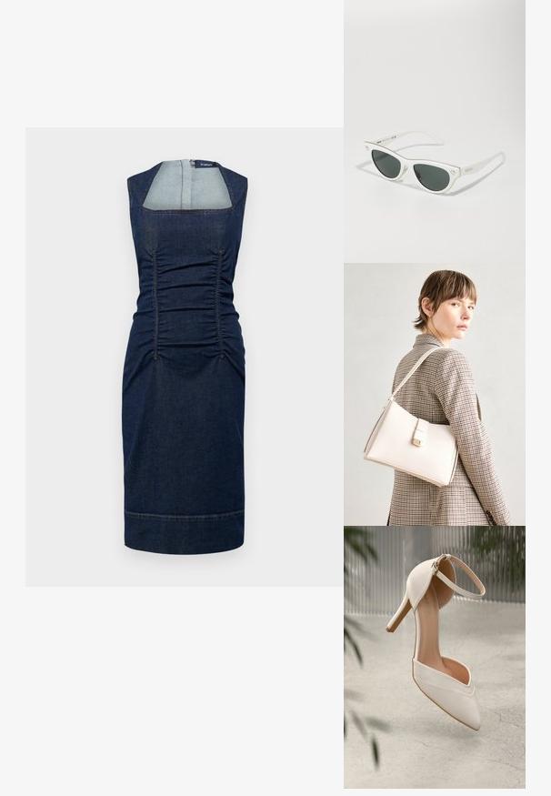 Sportmax AMPEX - Farmerruha - blu notte; Fehér magassarkú cipő sima anyagból, hegyes orral és bokapánttal. Világos bézs belső és aranyszínű hardver díszítés jellemzi.; Fehér macska-szem napszemüveg sötét lencsékkel, arany részletekkel a kereten és logós díszítéssel az oldalán. Sima műanyag anyag.; Fehér bőr táska strukturált dizájnnal, mágneses záródással és vállpánttal, semleges háttér előtt bemutatva.