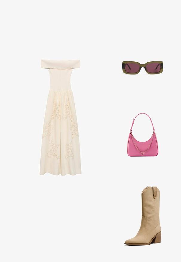 Off-the-shoulder, creme kjole lavet af letvægtigt stof, med en tætsiddende top og en flydende nederdel med broderede blomster mønstre.; Bershka HIGH-HEEL - Cowboy- / bikerstøvler - beige; Rektangulære solbriller med en olivengrøn ramme og dybe pink linser. Rammen har en blank finish, mens stængerne er slanke og lige.; Rosa syntetisk skuldertaske med en buet form, glat tekstur, aftagelig kædderem og en cirkulær logo-detalje på forsiden.