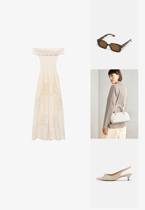 Robe crème à épaules dénudées, fabriquée en tissu léger, avec un haut ajusté et une jupe fluide ornée de motifs floraux brodés.; Escarpins slingback en cuir verni beige avec un bout pointu et un nœud décoratif sur le devant. Comprennent un talon bas et fin ainsi qu'une texture lisse.; Lunettes de soleil en écaille de tortue avec une monture ronde et épaisse et des verres marron. Présente des motifs subtils et des branches droites et effilées.; Sac à main structuré blanc avec de courtes poignées et une bandoulière, doté de accents en métal doré et d'un matériau texturé, présenté sur un fond gris.