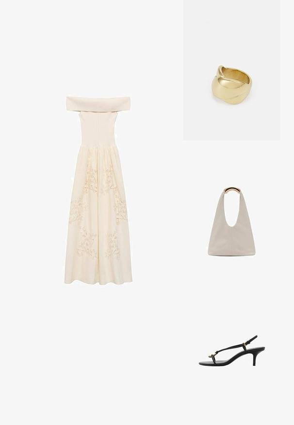 Vaatteet olkapäiltä alaspäin, kermaisen värinen mekko, joka on valmistettu kevyestä kankaasta. Mekossa on istuva yläosa ja virtaava hame, jossa on kirjailtuja kukkakuoseja.; Mustat nahkakengät, joissa on kissankorko, ohuet hihnat, kultainen solki ja minimalistinen varvaslenkki valkoisella taustalla.; Vaalea harmaa nahkalaukku, jossa on U-muotoinen muotoilu ja kaareva metallikahva. Suora pinta, jossa on minimaalinen ompelu ja ei näkyviä kuvioita.; Kultainen sormus, jossa on sileä, kierretty muotoilu. Sormuksessa on kiiltävä pinta ja pyöristetyt reunat, mikä luo saumattoman, virtaviivaisen muodon.