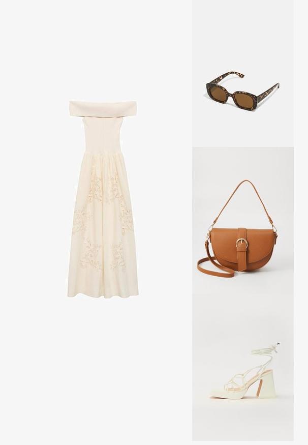 Off-shoulder, crèmekleurige jurk gemaakt van lichte stof, met een getailleerde top en een vloeiende rok met geborduurde bloemenpatronen.; Witte hoge hakken sandaal met een chunky hak, met een bandjesontwerp en enkelband. Gladde textuur met een plateau voor extra hoogte.; Tortoiseshell zonnebril met een ronde, stevige montuur en bruine lenzen. Heeft subtiele patronen en rechte, taps toelopende veren.; Bruine leren schoudertas met een gebogen vorm, gouden hardware en een gespaccent. Bevat een afneembare schouderriem.