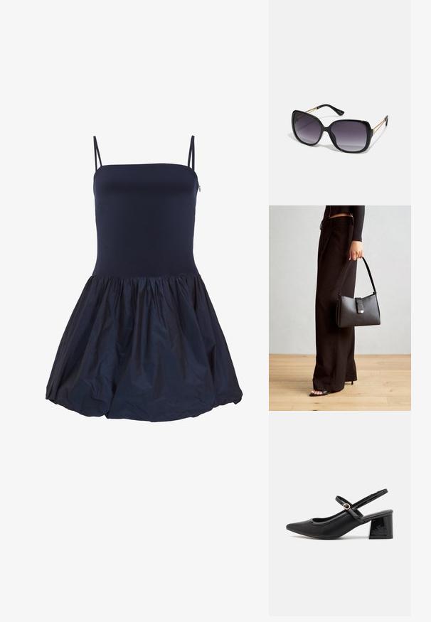 Navyblaues ärmelloses Kleid mit enganliegendem Oberteil und gerafftem Rock aus leichtem Material, das einen subtilen Glanz und einen Texturunterschied aufweist.; Schwarze Lackleder-Slingback-Absätze mit spitzer Zehenform, einem runden Ausschnitt-Design und einem Blockabsatz. Mit einem goldfarbenen Schnallenakzent.; Schwarze übergroße Sonnenbrille mit getönten Gläsern, dicken Rahmen und goldfarbener Kettendetaillierung an den Bügeln.; Schwarze Handtasche mit strukturierter Form, glatter Textur und einem metallischen Verschluss. Kombiniert mit weiten schwarzen Hosen und offenen Sandalen auf einem Holzboden.