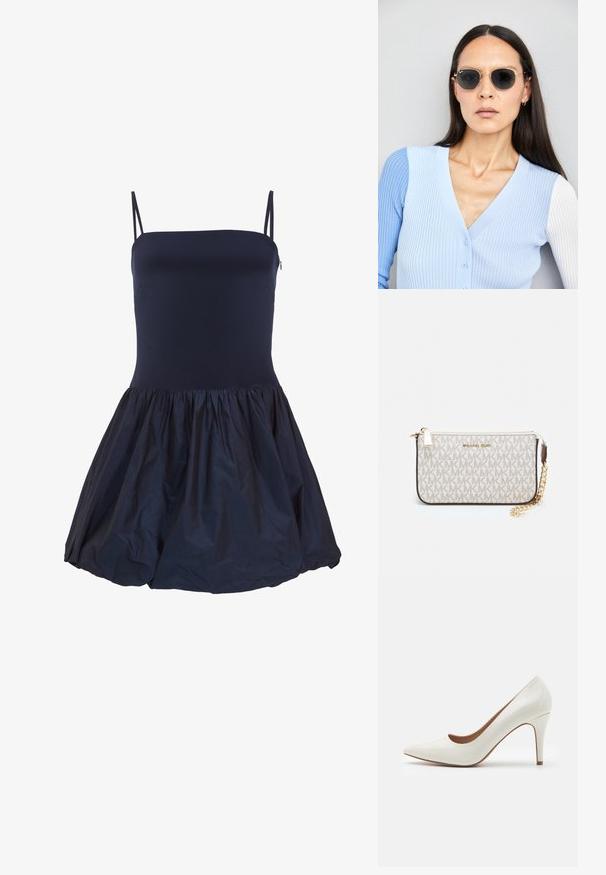 Vestido sem mangas azul-marinho com corpete ajustado e saia franzida, feito de material leve, apresentando um leve brilho e contraste de textura.; Sapato de salto alto em couro sintético branco com bico pontudo e superfície lisa, apresentando um salto fino e um corte baixo ao redor da abertura.; Óculos de sol redondos com lentes escuras e armação dourada. O modelo usa um cardigan canelado azul claro com botões e mangas brancas em contraste.; Pochete Michael Kors em tela revestida bege com padrão repetido do logotipo MK, ferragens douradas e uma alça de corrente destacável.